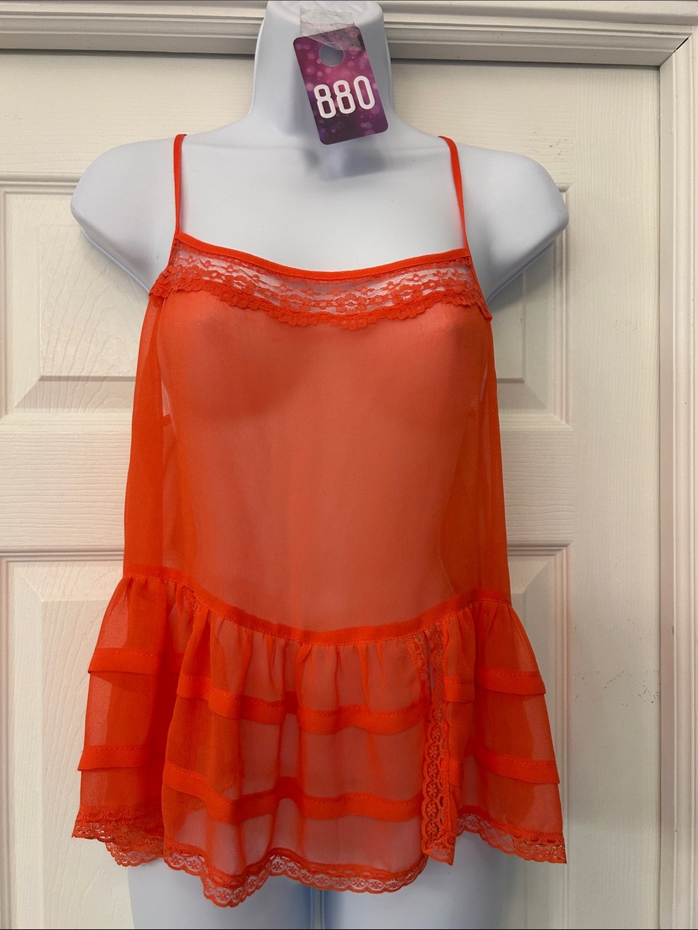 Free People Sheer Lace-Trim Chemise in Bright Orange-Red